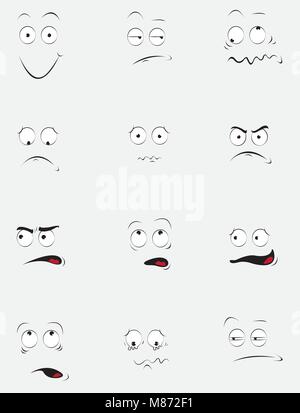 Doodle Faces Set In Cartoon Style Twelve Various Emotions Or Face