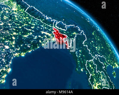 Satellite Night View Of Bangladesh Highlighted In Red On Planet Earth