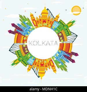 Kolkata India City Skyline With Color Buildings And Blue Sky Isolated