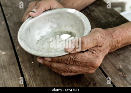 The Poor Old Man S Hands Hold An Empty Bowl Of Beg You For Help The