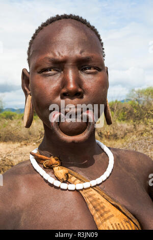 Mursi Tribe Woman Without Lip Plate Hail Wuha Village Ethiopia Stock