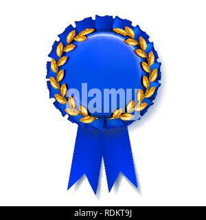 Realistic Blue Fabric Award Ribbon Badge Vector Illustration Stock