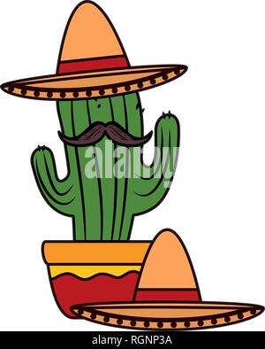 Animated Cartoon Cactus With Mexican Hat And Moustache Stock Vector