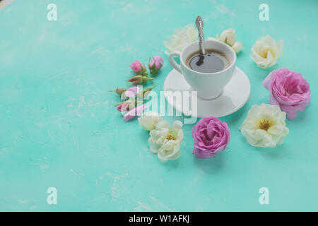 Good Morning Card With Cup Of Black Coffee And Red Heart Stock Photo