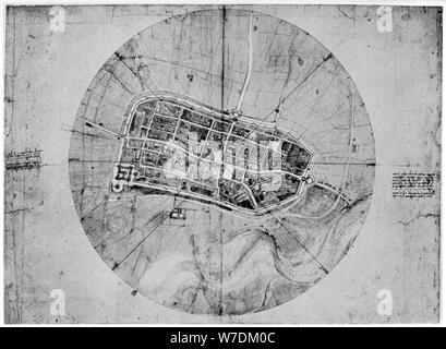 Leonardo Da Vinci The Map Of Imola Pen And Ink Watercolour