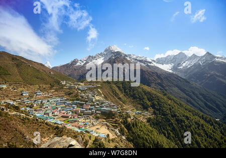 Aerial View Of Namche Bazaar Village With Houses On The Mountain In