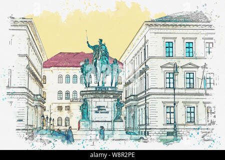 A Watercolor Sketch Or Illustration Statue Of King Ludwig The First Of