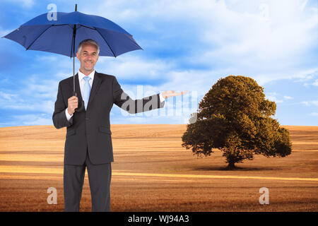 Composite Image Of Peaceful Businessman Holding Blue Umbrella Stock