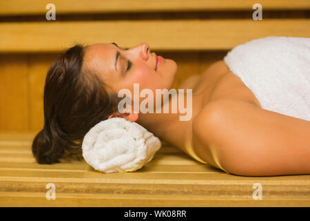 Peaceful Brunette Relaxing In A Sauna Stock Photo Alamy