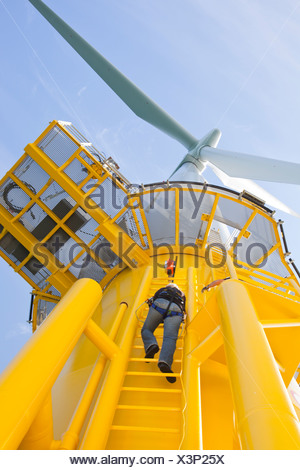 A Worker Climbing A Wind Turbine At The Walney Offshore Wind Farm Stock