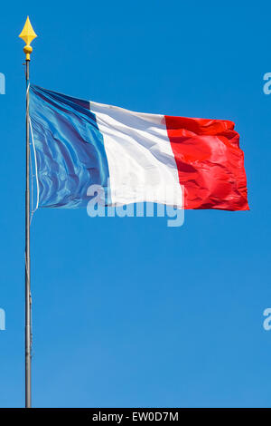 Flagge Frankreich wellenartig in Wind auf Weiß isoliert Stockfoto Bild