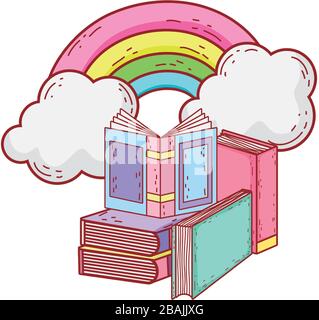 Libro Abierto En Libros Apilados Arco Iris Sol Dibujo Vectorial