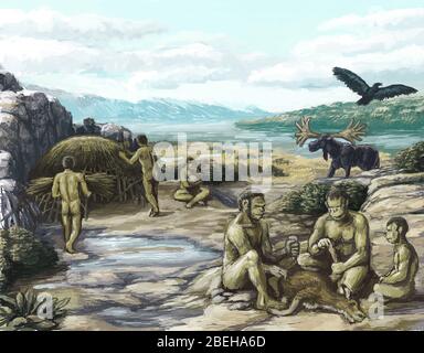 El Homo erectus Ilustración de una tribu de Homo erectus regresando de