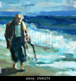 Pintura Digital Impresionista De Un Anciano En El Mar Inspirada En La