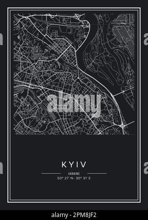 Mapa imprimible en blanco y negro de la ciudad de Kiev diseño de