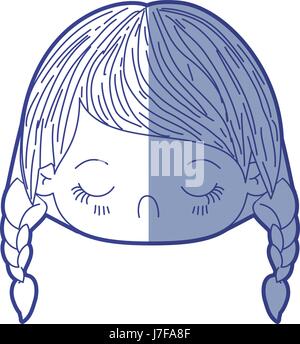 Silueta de sombreado azul kawaii cabeza niña con el pelo largo y