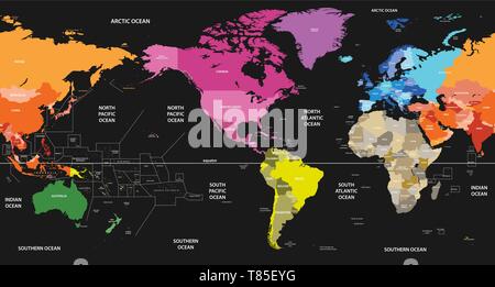 Vector mapa del mundo coloreado por continentes y centrado por América