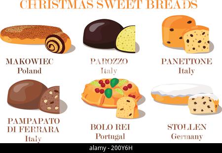 Various Christmas sweet breads flat vector collection. Cartoon cakes seamless pattern Stock Vector