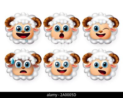 Lamb sheep emoji vector set. Cute lamb emojis and sheep emoticon with facial expression of hungry and surprise isolated in white background. Stock Vector