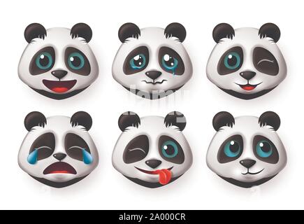 Emoji panda bear vector set. Cute giant panda bear emoticon and icon with facial expression of happy and crying isolated in white background. Stock Vector