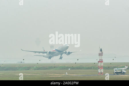 SEPANG, MALAYSIA - SEPTEMBER 18, 2019 - Dangerous level of thick haze from Indonesia forest fire engulfs Malaysia, view of Kuala Lumpur International Stock Photo