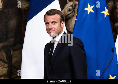 Rome, Italy. 18th Sep, 2019. French President Emmanuel Macron attends a press conference at Palazzo Chigi in Rome. Credit: SOPA Images Limited/Alamy Live News