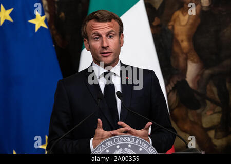 Rome, Italy. 18th Sep, 2019. French President Emmanuel Macron speaks during a press conference at Palazzo Chigi in Rome. Credit: SOPA Images Limited/Alamy Live News