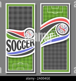 Vector vertical Banners for Soccer: 2 layouts for title on soccer theme, green sports football field top view, soccer ball flying in net of goal, invi Stock Vector