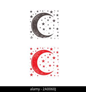 simple red black crescent moon and stars vector in the night sky Stock Vector