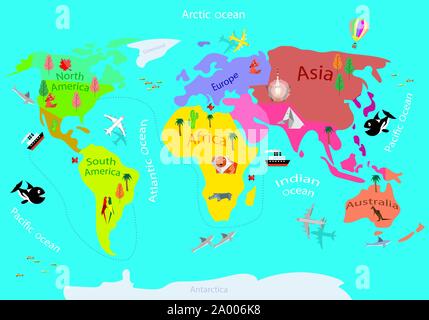Children's illustrated geographic map of the world. Vector illustration. Stock Vector