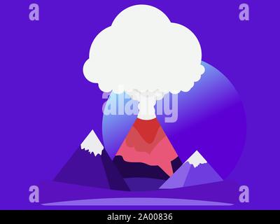 Volcano eruption flat style. Highlands on the background of meadows, night landscape. Vector illustration Stock Vector