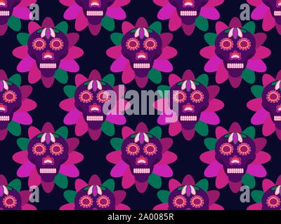 Day of the dead seamless pattern, skulls with flowers in a flat style. Mexican holiday. Vector illustration Stock Vector