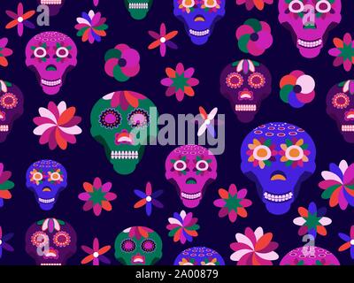 Day of the dead seamless pattern, skulls with flowers in a flat style. Mexican holiday. Vector illustration Stock Vector