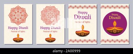 Set of flyers, posters, banners, placards, brochure design templates for Diwali celebration day, Happy Diwali festival. Vertical cards with mandalas. Stock Vector