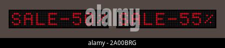 set of led displays with the words Sale 50 percent and sale 55 percent Stock Vector
