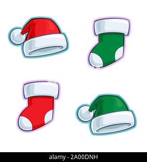 Vector Cartoon Icon set of Santa Claus and Elf - Green and Red Hats and Stockings. Illustrations Lines, Color, Shadows and Lights neatly in well-defin Stock Vector