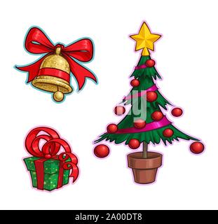 Vector Cartoon Icon set of a Glitter Golden Christmas Bell, a red Ribbon Gift Box and a Christmas Tree. Illustrations Lines, Color, Shadows and Lights Stock Vector