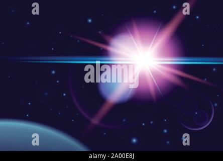 Planet and shine star in dark space. Vector cosmos Stock Vector