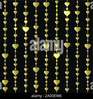 Seamless pattern with hanging gold hearts garlands Stock Vector