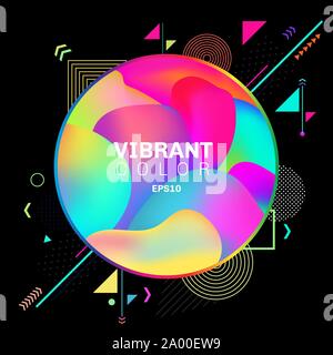 Abstract colorful geometric pattern design on black background with circle label 3D liquid or fluid shapes gradient elements vibrant color. You can us Stock Vector