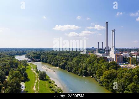 Brudermuhl bridge over the Isar river and southern cogeneration plant in Sendling, aerial view, Munich, Upper Bavaria, Bavaria, Germany Stock Photo