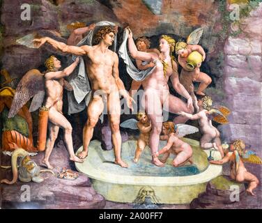 Mars and Venus in the bathroom, Mythological fresco by Giulio Romano, Hall of Amor and Psyche, Camera di Amore e Psiche, Palazzo Te pleasure palace Stock Photo