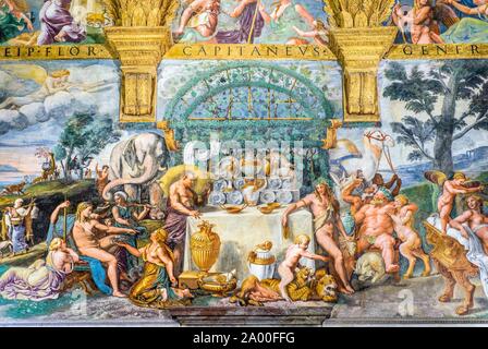 Wedding banquet of Cupid and Psyche, mythological fresco by Giulio Romano in the hall of Amor and Psyche, Camera di Amore e Psiche, pleasure palace Stock Photo