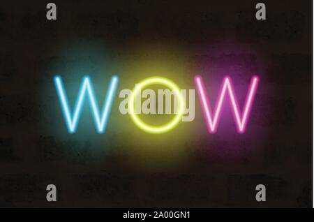 Neon letters on the brick wall. Vector wow word Stock Vector