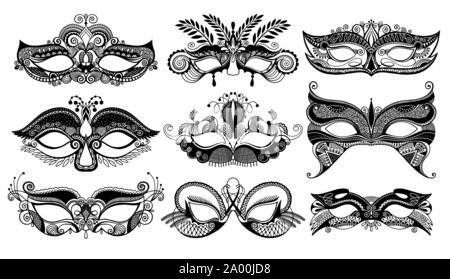 set of 9 venetian carnival facial masks, Mardi Gras Carnival beautiful mask collection Stock Vector