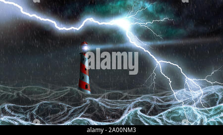 Lighthouse illuminated at night stormy sea, digital illustration Stock ...