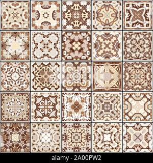 A collection of ceramic tiles in brown retro colors. A set of square patterns in ethnic style. Vector illustration. Stock Vector