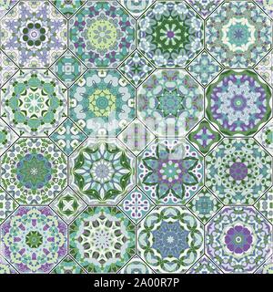 Vector set of octagonal and square ornaments. Decorative and design elements for textile, book covers, manufacturing, gift wrap. Oriental motif, green Stock Vector