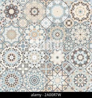 Vector collection of square and octagonal seamless patterns in Oriental style. A set of multicolor tiles. Stock Vector
