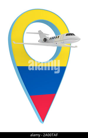 private airplane with pin navigation flag Colombia. 3d rendering Stock Photo